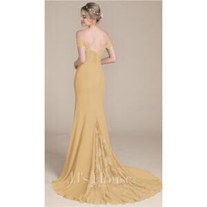 JJs House Trumpet Off the Shoulder Lace Chiffon Bridesmaid Dress Sequin 6 Gold